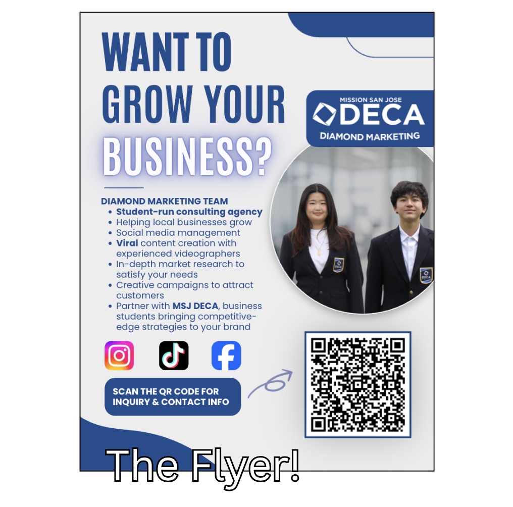Diamond Marketing Team flyer inviting local businesses to grow through student-led consulting, social media, market research, and creative campaigns