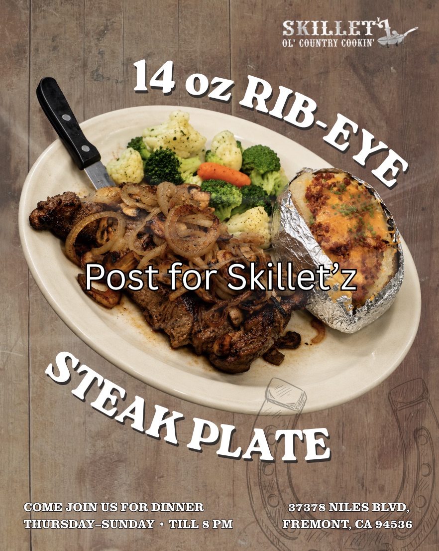MSJ DECA Diamond Marketing Team social media creative for Skillet'z featuring a 14-ounce rib-eye steak dinner plate, dinner hours from 4 PM to 8:30 PM, and the address 37378 Niles Boulevard in Fremont